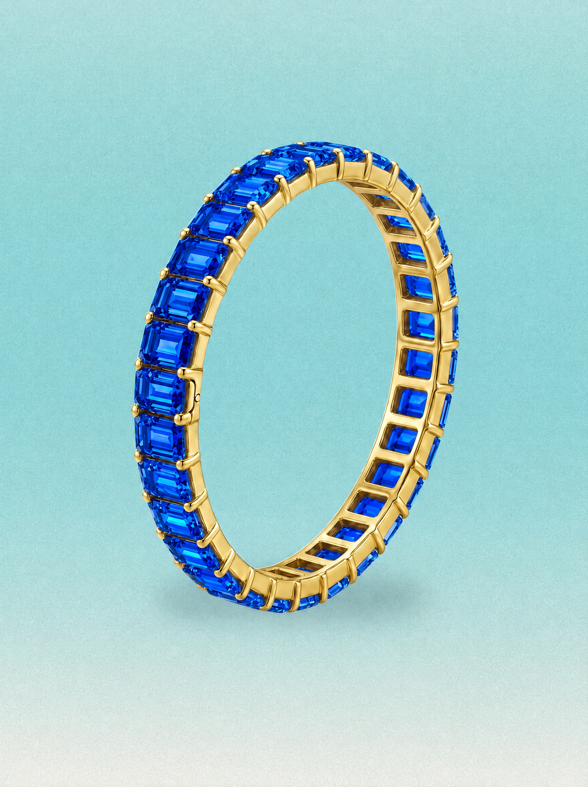 Rainbow Collection lab-grown sapphire emerald-cut hinged bangle in 14K yellow gold