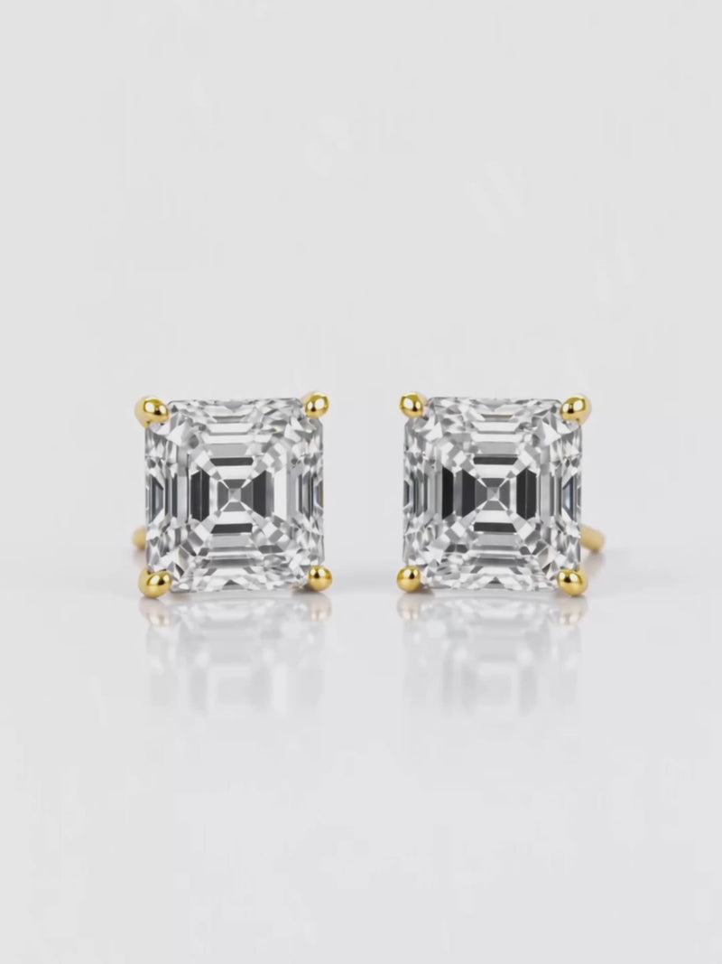 Video of the Asscher Cut Lab-Grown Diamond Stud Earrings, showing sparkle and movement — Bow Tie Lab Diamonds