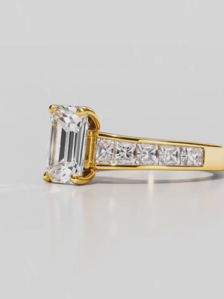 Load video: Video of the 4.00 ctw Emerald Channel Set Lab-Grown Diamond Engagement Ring, showing sparkle and movement — Bow Tie Lab Diamonds