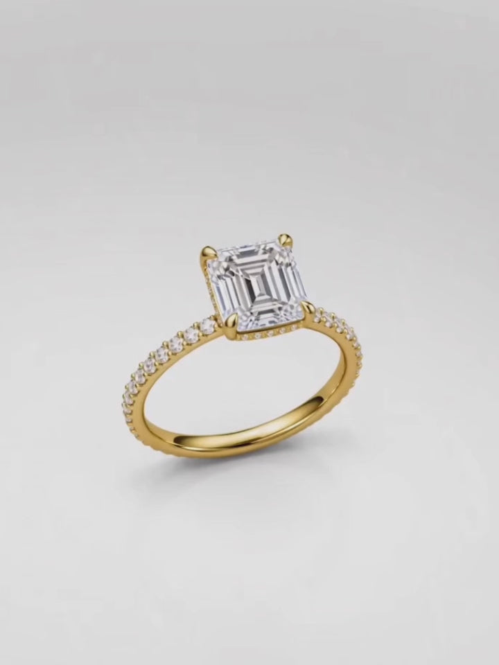 Load video: Video of the Asscher Cut Solitaire Hidden Halo Lab-Grown Diamond Engagement Ring, showing sparkle and movement — Bow Tie Lab Diamonds