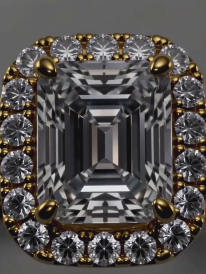 Video of the 1.50 ctw Emerald Halo Pave Lab-Grown Diamond Bridal Set in 14K yellow gold, showing sparkle and movement — Bow Tie Lab Diamonds