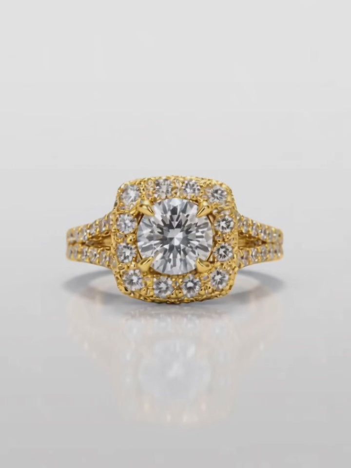 Video of the 2.60 ctw Round Cushion Halo Pave Lab-Grown Diamond Split Band Ring, showing sparkle and movement — Bow Tie Lab Diamonds
